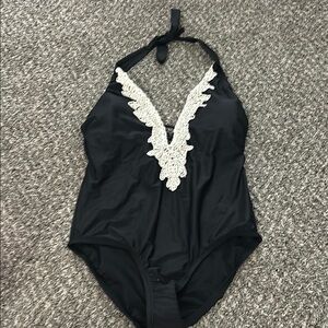 Black Halter Swimsuit with White Lace Detail
